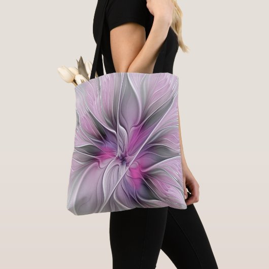 Floral Fractal Modern Abstract Bloemroze grijs Tote Bag (Dichtbij)