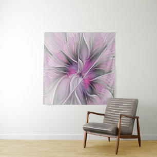 Floral Fractal Modern Abstract Bloemroze grijs Wandkleed