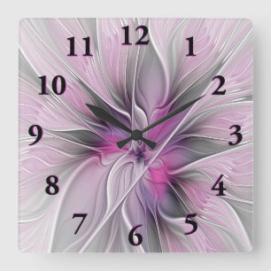 Floral Fractal Modern Abstract Flower Pink Gray Vierkante Klok