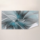 Floral Fractal Moderne Fleur Abstrait gris bleu (Serviette de bain)