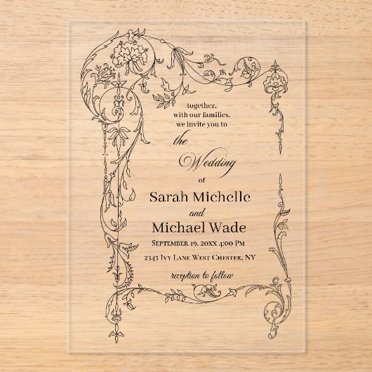 Floral Frame Calligraphy Acryli Wedding Invitation (Recto)
