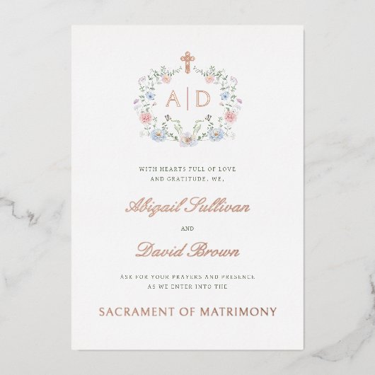 Floral Frame Monograms Catholic Wedding Folie Uitnodiging (Voorkant)