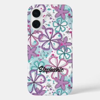 Floral Frenzy - Doodle Flowers met Paint Splatter iPhone 16 Hoesje