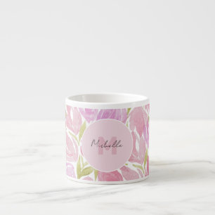 Floral Fuchsia Roze Waterverf Monogram Espresso Kop