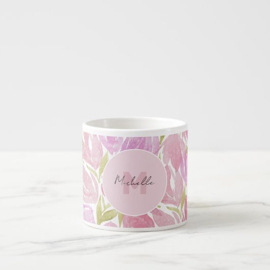 Floral Fuchsia Roze Waterverf Monogram Espresso Kop (Voorkant)
