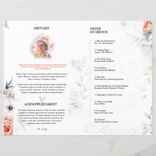 Floral Funeral Programme Sjabloon (Achterkant)