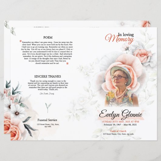 Floral Funeral Programme Sjabloon (Voorkant / Achterkant)