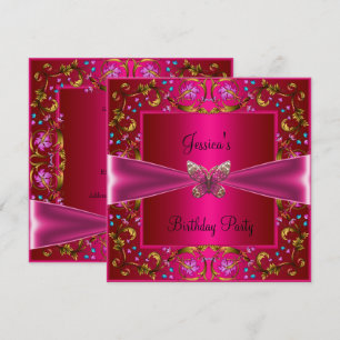 Floral Fushia Pink Butterfly Birthday Party Kaart