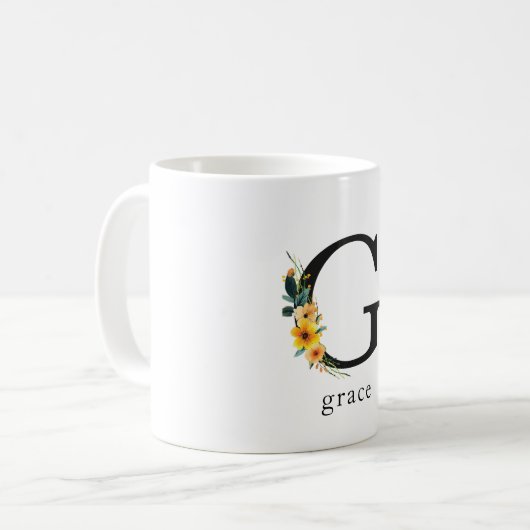 Floral G Monogram Mok met bewerkbare naam (Voorkant links)
