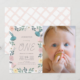 Floral Garden Blush Pink GIrl Foto 1st Birthday Kaart