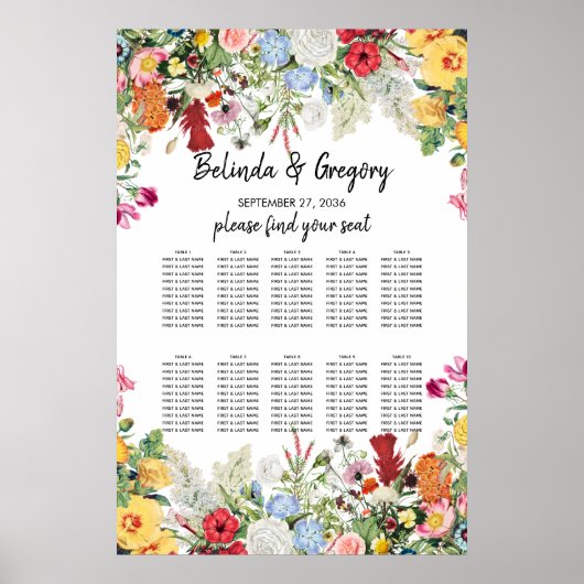 Floral Garden Flowers Wedding Seating Chart Poster (Voorkant)
