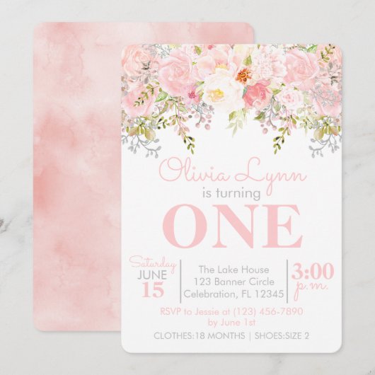 Floral Garden Girl Invitation premier anniversaire (Devant / Derrière)