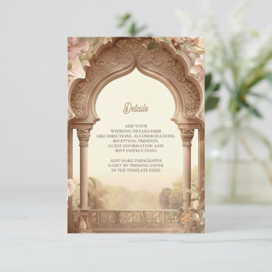 Floral Garden Indian Palace Boog Wedding Details Informatiekaartje (Staand voorkant)