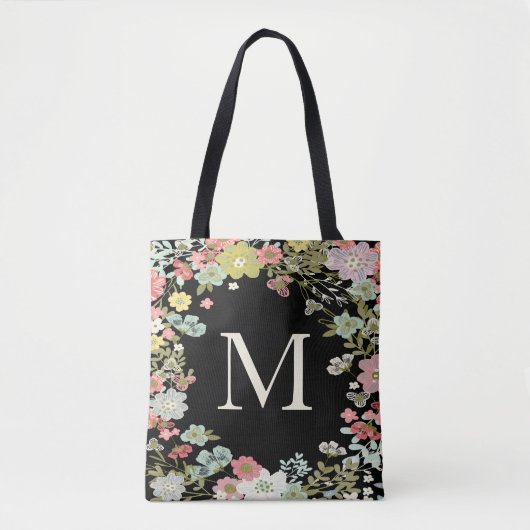 Floral Garden Monogram Black Schoudertas Tote Bag (Voorkant)