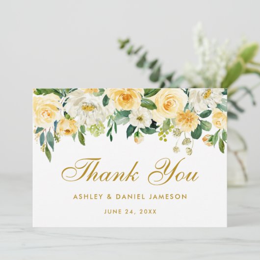 Floral geel goud bruiloft dank u bedankkaart (Staand voorkant)