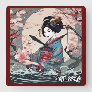Floral Geisha wandklok Vierkante Klok