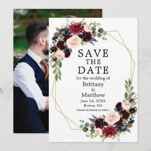 Floral Geo Lijst Foto van Burgundy Blue Waterverf Save The Date