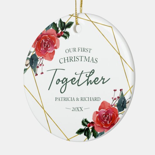 Floral Geometric Ons Eerste Kerstfeest Samen Keramisch Ornament (Links)