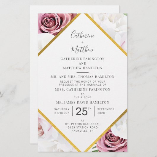 Floral Geometric Script Wedding Kaart (Voorkant / Achterkant)