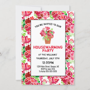 Floral Geranium Pink Coral Red House Warming Party Kaart