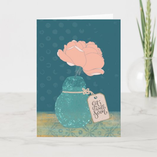 Floral “Get Well Soon” Card with Teal Vase  Kaart (Voorkant)
