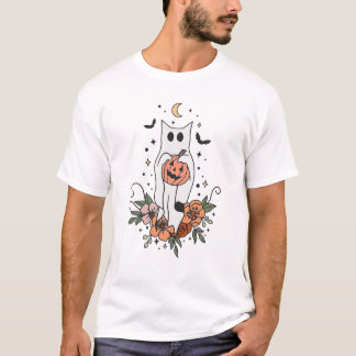  Floral Ghost Cat Halloween Graphic T-shirt