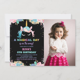 Floral Gillter Unicorn Anniversaire Invitations ph