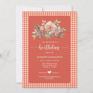 Floral Gingham Pset Happy Birthday Party Kaart