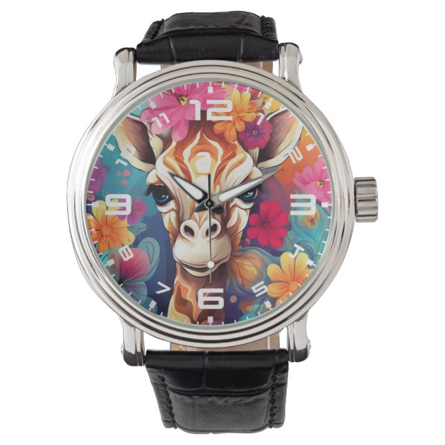 Floral Giraffe Portrait-9320 Horloge (Voorkant)