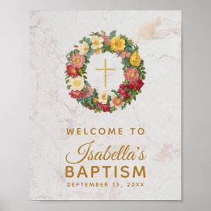 Floral Girl Baptism Gold Cross Roos met grote marm Poster