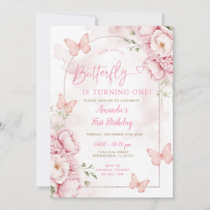 Floral Girl Butterfly is Turning One Verjaardag Kaart