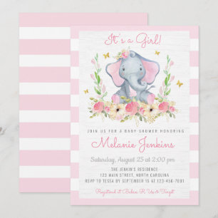 Floral Girl Elephant Baby shower Invitation Kaart