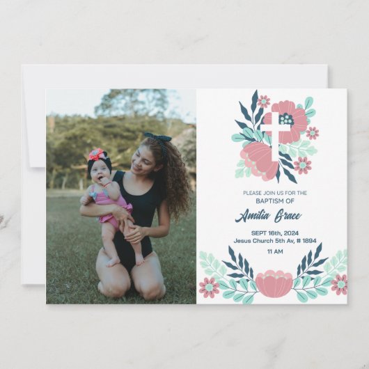 Floral Girl Photo Baptism Invitation - Élégant (Devant)