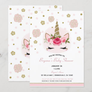Floral Glam Gold Glitter Unicorn Baby shower Kaart