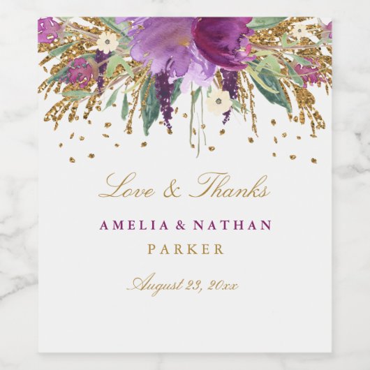 Floral Glitter Amethist Bruiloft Wijn Label Wijn Etiket (Enkel label)