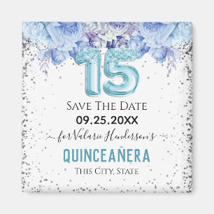 Floral Glitter Blue Quinceañera Save the Date Mag Magneet