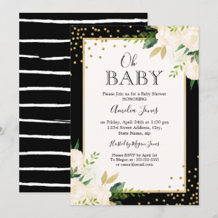 Floral Glitter Gold Black Stripes Oh Baby shower Kaart