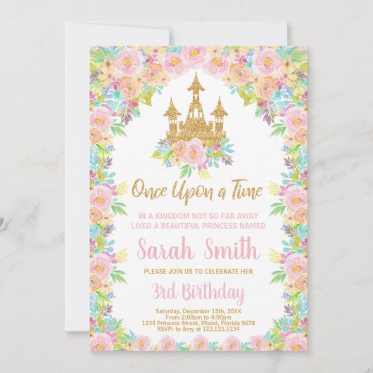 Floral Glitter Gouden Prinses Verjaardag Uitnodigi Kaart (Voorkant)