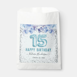 Floral Glitter Light Blue Happy 15th Birthday Bedankzakje