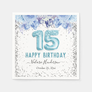 Floral Glitter Light Blue Happy 15th Birthday Servet