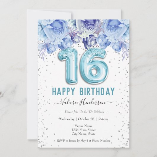 Floral Glitter Light Blue Happy 16th Birthday (Voorkant)