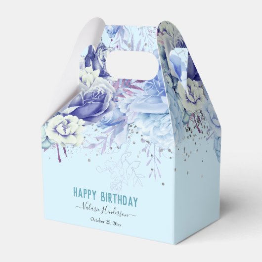 Floral Glitter Light Blue Happy Birthday Bedankdoosjes (Voorkant Zijde)