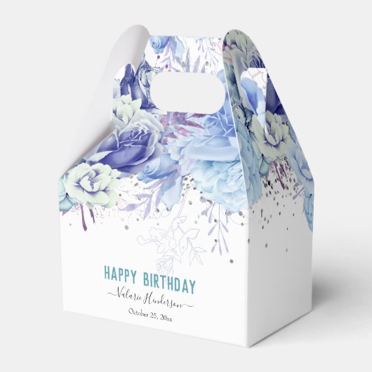 Floral Glitter Light Blue Happy Birthday Bedankdoosjes (Voorkant Zijde)
