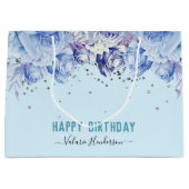 Floral Glitter Light Blue Happy Birthday Groot Cadeauzakje (Voorkant)