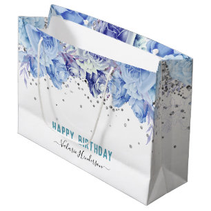 Floral Glitter Light Blue Happy Birthday Groot Cadeauzakje