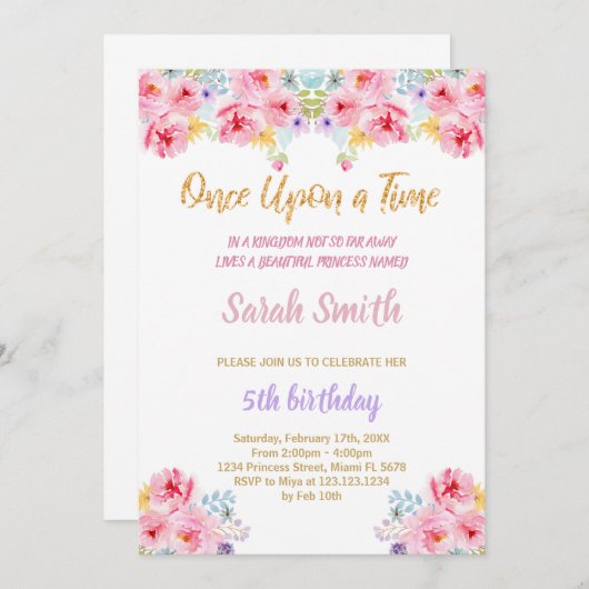 Floral Glitter Prinses Verjaardag Uitnodiging (Voorkant / Achterkant)