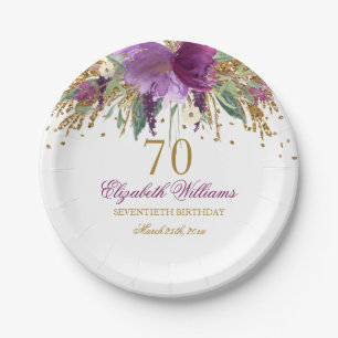 Floral Glitter Sparking Amethyst 70th Birthday Papieren Bordje