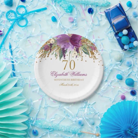 Floral Glitter Sparkling Amethyst 70e verjaardag Papieren Bordje (Feest)