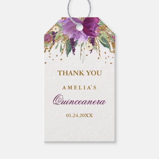 Floral Glitter Sparkling Amethyst Quinceanera Labe Cadeaulabel (Voorkant)
