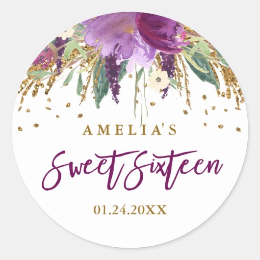 Floral Glitter Sparkling Amethyst Sweet 16 Sticker (Voorkant)